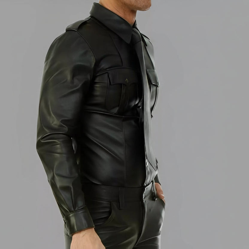 Genuine Leather Long Sleeve Police Style Shirt