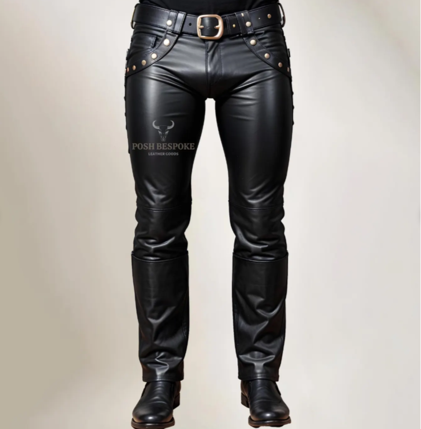 Black leather pants displayed on a website with product details and options.