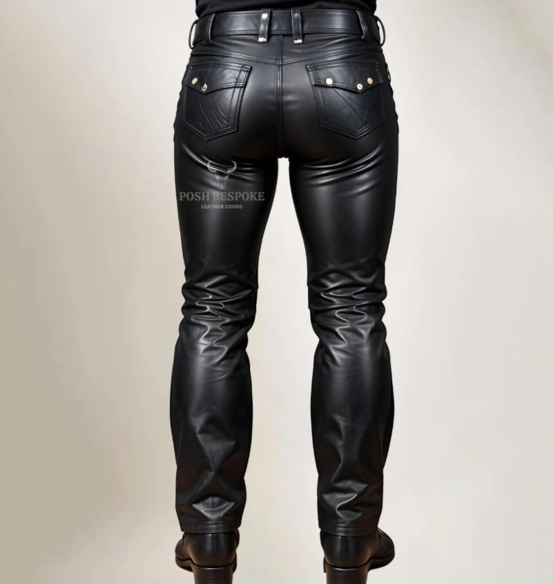 Black leather pants displayed on a website with product details and options.