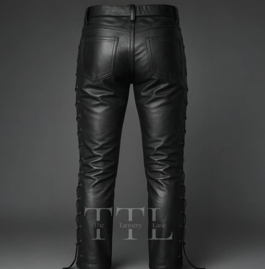 Black leather pants displayed on a website with price and options.