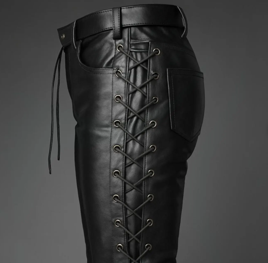 Black lace-up leather pants on a website with product details and options.