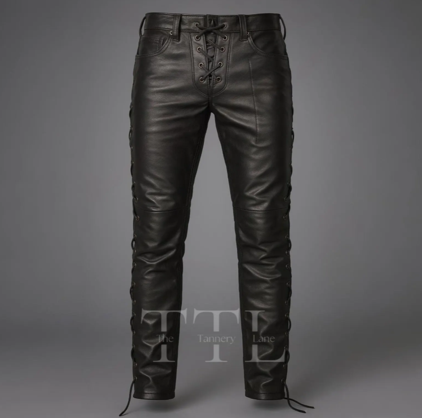 Black leather pants displayed on a website with product options and size selection.