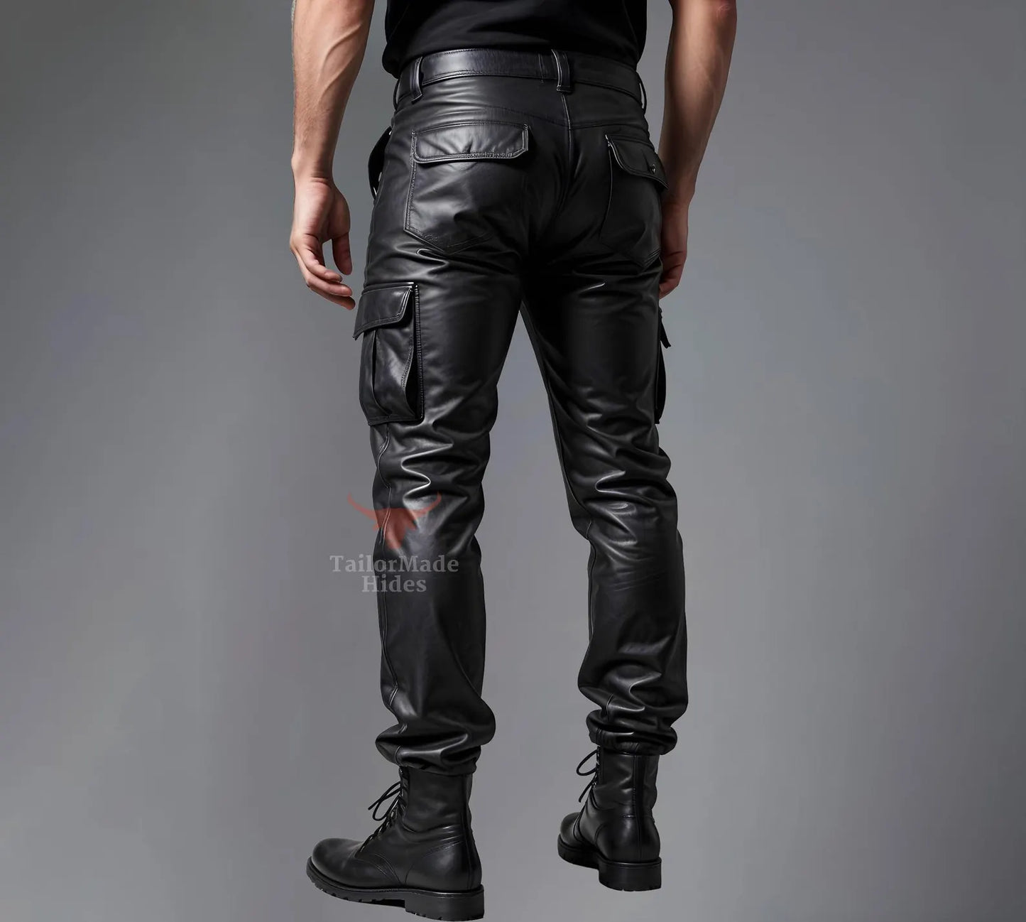 Men's Black Genuine Leather Cargo Pants