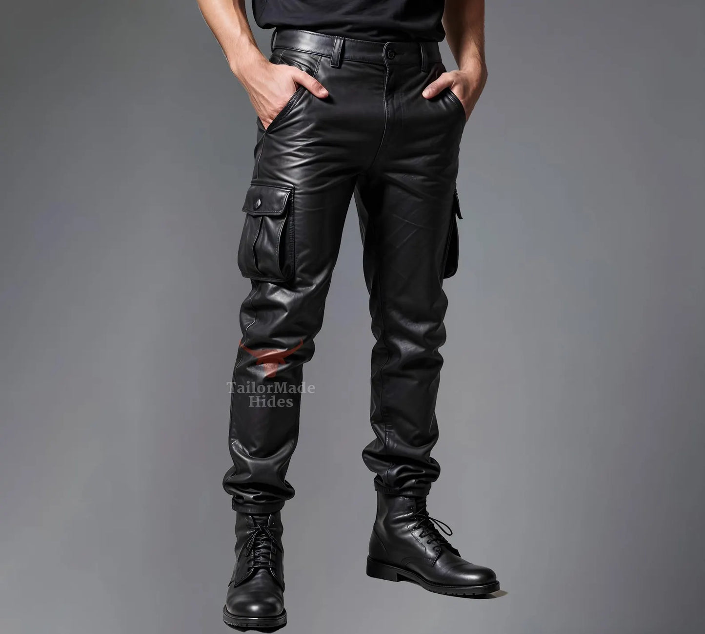 Men's Black Genuine Leather Cargo Pants