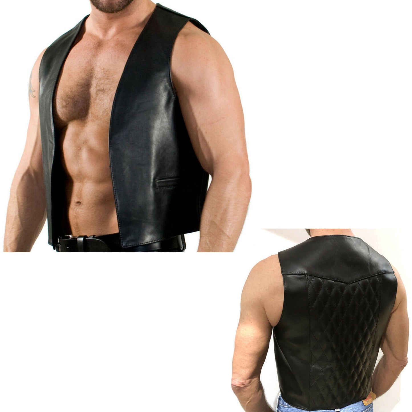 Genuine Leather Open Vest Quilted Back