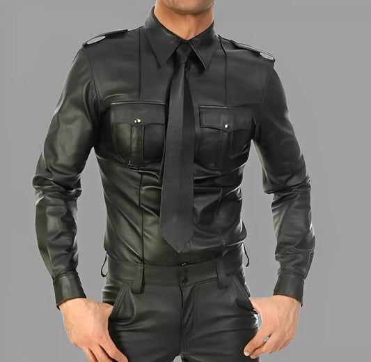 Genuine Leather Long Sleeve Police Style Shirt