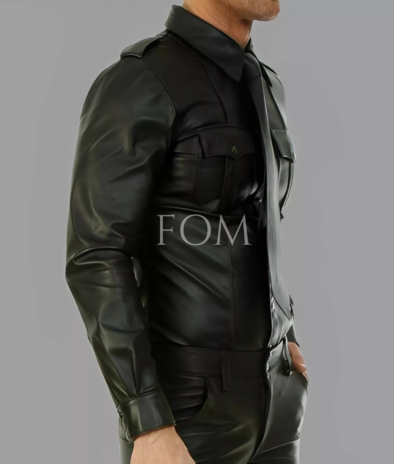 Genuine Leather Long Sleeve Police Style Shirt