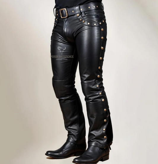 Black leather pants with studs on a website product page
