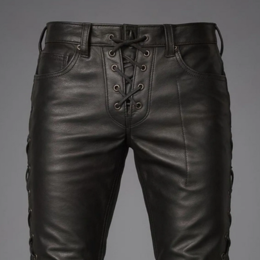 Black leather pants displayed on a website with product options and details.