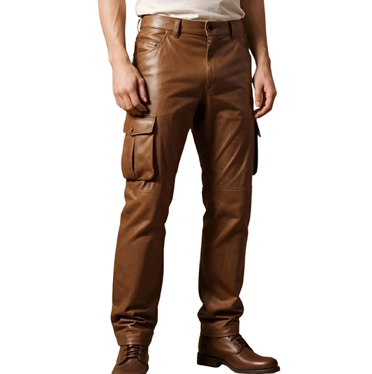 Men's Brown Genuine Leather Cargo Pants