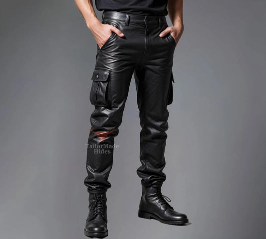 Men's Black Genuine Leather Cargo Pants