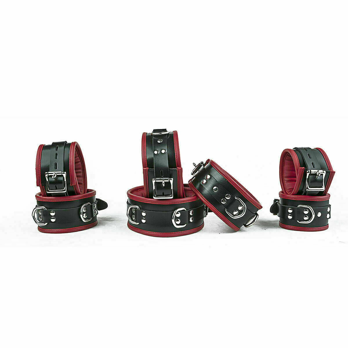 Heavy Duty Seven Piece Leather Cuffs Restraints Red & Black