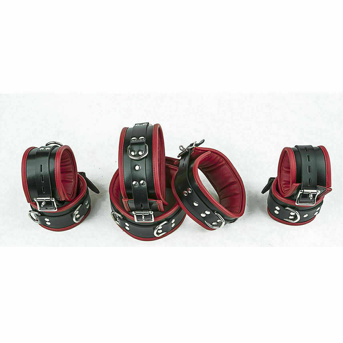 Heavy Duty Seven Piece Leather Cuffs Restraints Red & Black