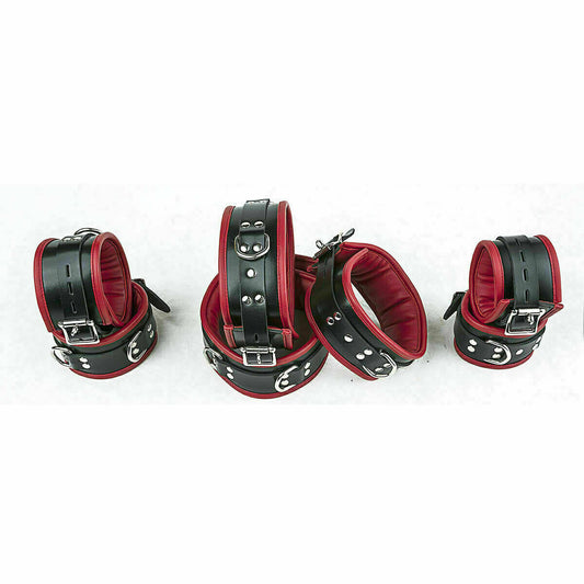 Heavy Duty Seven Piece Leather Cuffs Restraints Red & Black