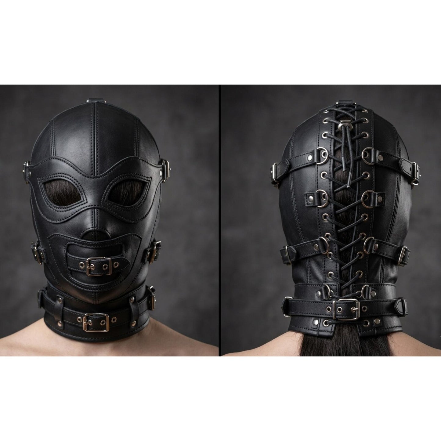 Black Leather Hood Mask with Adjustable Straps - Gothic Cosplay