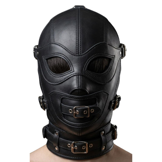 Black Leather Hood Mask with Adjustable Straps - Gothic Cosplay