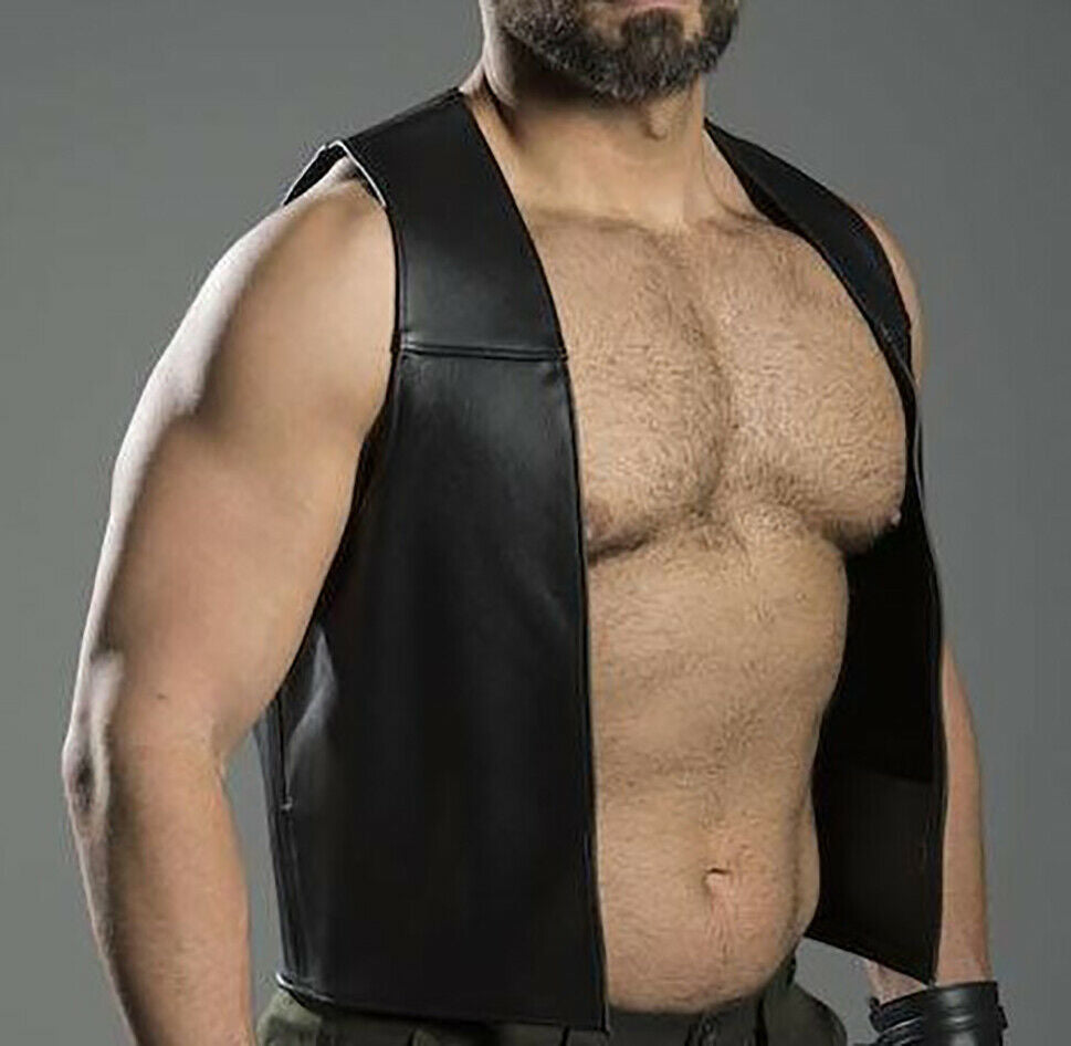 Off-pat Men's Black Genuine Leather Open Vest – Biker Cut, Deep V-Neck, Loose Fit